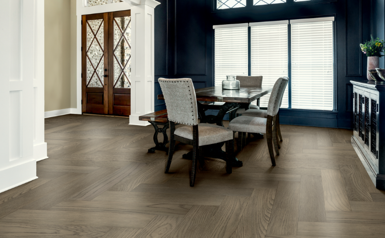 herringbone hardwood flooring in dining room